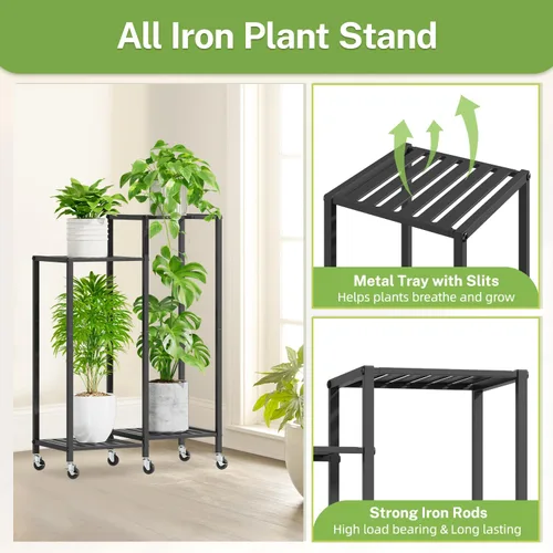Miniatura 4 de iDavosic.ly Soporte para plantas de 4 niveles para interiores con ruedas, estante de metal escalonado para flores al aire libre para macetas Negro
