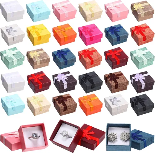 Miniatura 11 de Yinkin Juego de 120 cajas de regalo de anillo de cartón con lazo, cuadrado, varios colores, pequeño, caja de joyería dura para cumpleaños, 6
