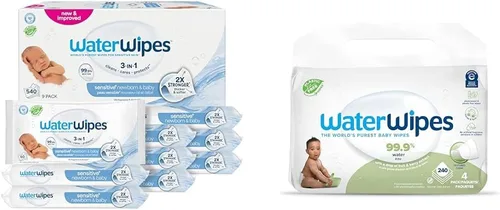 WaterWipes Paquete de 540 unidades originales (9 paquetes) y toallitas texturizadas limpias, 240 unidades (4 paquetes), sin plástico, 99.9%