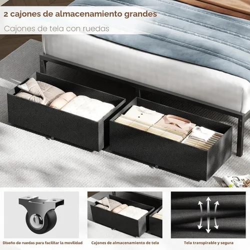 Miniatura 7 de Furnulem Marco de Cama Queen con Cabecera Ajustable, Cama Tapizada con 2 Cajones de Almacenamiento, Estación de Carga USB Integrada y Luces LED, Gris