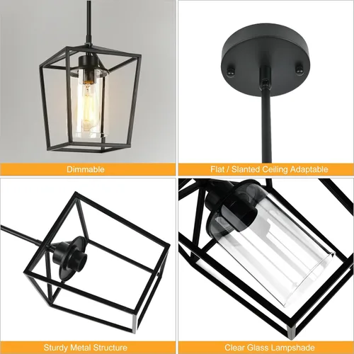 Miniatura 5 de Paquete de 2 lámparas colgantes negras de 1 luz para isla de cocina, lámpara colgante metálica de granja con jaula de hierro y pantalla de vidrio