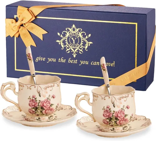 Miniatura 8 de YOLIFE Juego de taza de té y platillo, juego de taza de té de 8 oz, taza de té, taza de té de cerámica con platillo y cuchara, arbustos florecidos