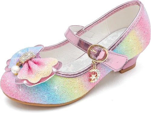 Walofou Zapatos de vestir para niñas de flores, zapatos de tacón para fiesta de boda, zapatos planos de princesa Mary Jane para niños pequeños