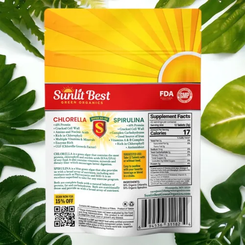 Miniatura 2 de Sunlit Super 50/50 Tabletas orgánicas de Chlorella Spirulina – Súper suplemento para apoyo inmunológico, salud intestinal, estado de ánimo y energía