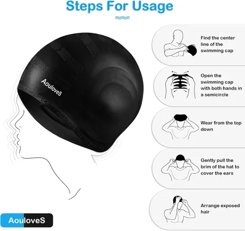 Miniatura 4 de Paquete de 2 gorros de natación unisex con protección 3D para los oídos, gorras de natación de silicona duraderas para mujeres, hombres, adultos