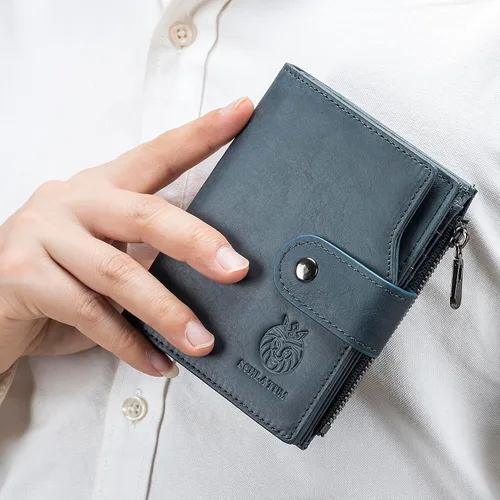Miniatura 78 de LUKZIJAES Billetera de cuero genuino para hombre, con bloqueo RFID, delgada, plegable, bolsillo frontal, #3-Café, Vintage