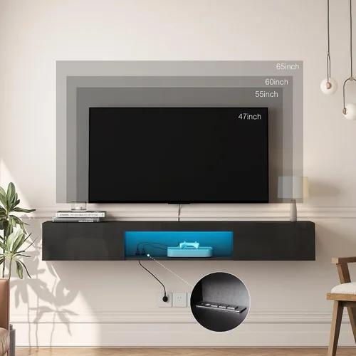 Miniatura 5 de Soporte flotante para TV montado en la pared con toma de corriente, moderno centro de entretenimiento flotante para TV de 70 pulgadas, estante