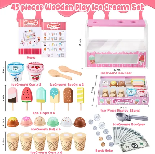 Miniatura 2 de WHOHOLL Juego de mostrador de helados de madera para niñas pequeñas, tienda de juegos, juguete de simulación, accesorios de cocina de juguete