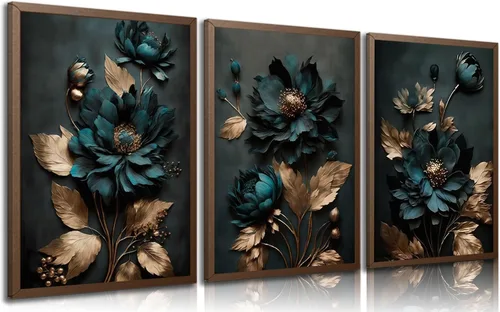 3 piezas de lienzo de flores verde oscuro y dorado, arte de pared, elegantes flores, pósteres impresos, pinturas modernas abstractas de plantas,