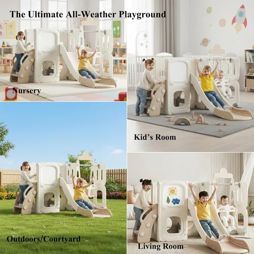 Miniatura 6 de Juego de toboganes 3 en 1 para niños pequeños con columpio y escalador, juego para niños con tobogán para niños pequeños, juego de patio trasero