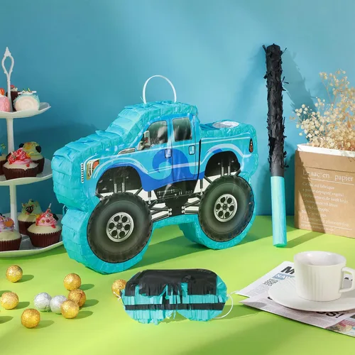 Miniatura 3 de Piñata de camión pequeño, piñata de camión de cumpleaños para niños, piñata de construcción con palo, confeti para niños, suministros de fiesta