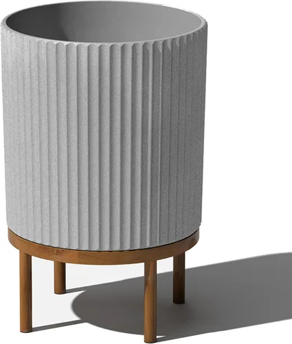 Miniatura 41 de Veradek Demi Series - Maceta redonda con soporte para porche o patio, compuesto de piedra de plástico duradero y soporte de madera, decoración
