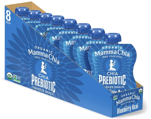 Mamma Chia Snack Exprimible Prebiótico Orgánico, Arándano Acai, 16- 3.5 Onzas, Soporte Intestinal Prebiótico Rico en Fibra, USDA Orgánico, Sin OGM,