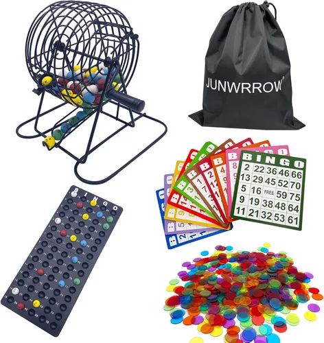 JUNWRROW Juego de bingo de lujo, incluye 1000 fichas coloridas, 100 tarjetas mixtas, 75 bolas de llamada, jaula giratoria de 6 pulgadas y tablero