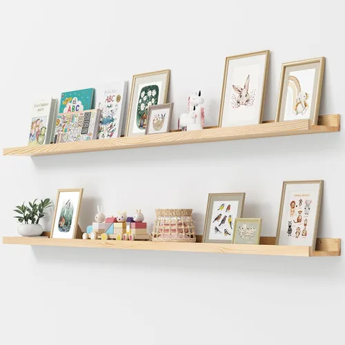 Miniatura 23 de FLYJOE Estante de repisa de fotos para pared, 24 pulgadas de madera de fresno maciza, estantes para libros de guardería, estantes flotantes