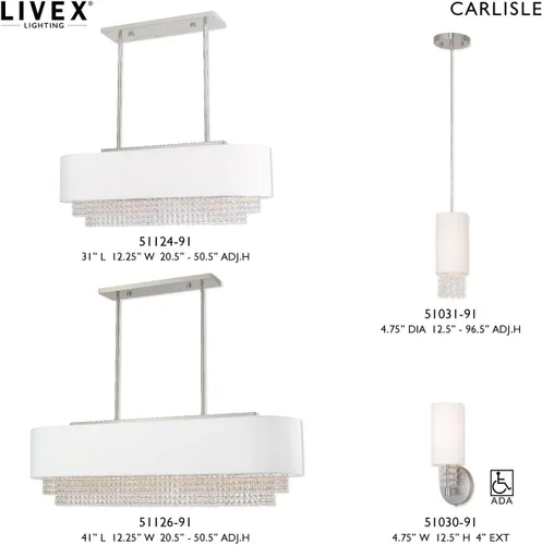 Miniatura 3 de Livex Lighting 51124-91 Carlisle - Candelabro lineal de 31 pulgadas, acabado de níquel cepillado con pantalla de tela blanca rota con cristal