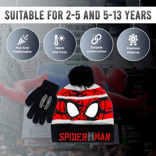 Miniatura 3 de Marvel Spider-Man - Gorro de invierno y guantes de nieve para niños y niños pequeños, juego de 2 piezas, gorro con pompones y guantes cálidos