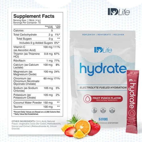 IDLife Fruit Punch Hydrate - Bebida en polvo – Hidratación instantánea alimentada con electrolitos con vitaminas, MCT y minerales para nutrientes