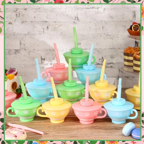 Miniatura 3 de Zhehao 24 tazas de té de plástico con tapas y pajitas para niños, fiesta de té, 9 onzas, reutilizables, desechables, tazas de té a granel