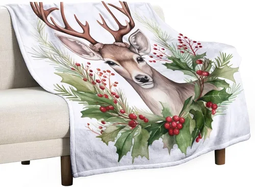 Miniatura 48 de Elegante manta de Navidad con diseño de ciervos y bayas rojas y verdes, diseño de renos de invierno, con diseño de ciervos y bayas rojas, manta
