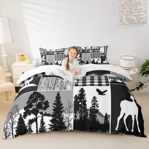 Miniatura 10 de Juego de funda de edredón para niños de ciervo, oso, lobo, tamaño individual, juego de ropa de cama de cabaña de aventura para niños, niñas