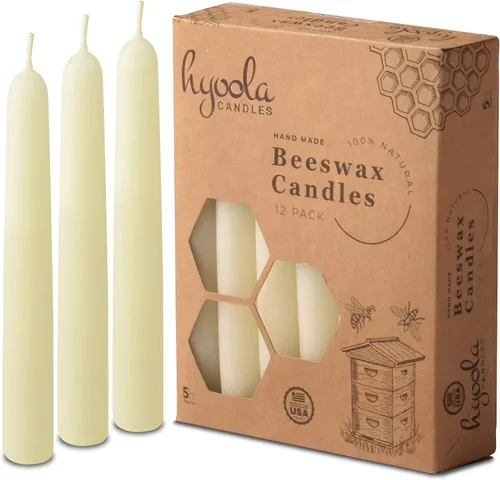 Hyoola Paquete de 12 velas cónicas de cera de abeja de 5 pulgadas, hechas a mano, totalmente naturales, 100% pura sin perfume, alta, decorativa,