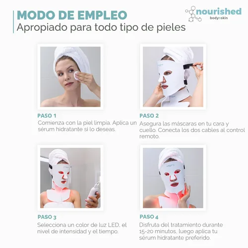 Miniatura 7 de Nourished Bodynskin Máscara facial y cuello con terapia de luz LED, dispositivo de cuidado de la piel facial, 7 colores rojo y azul