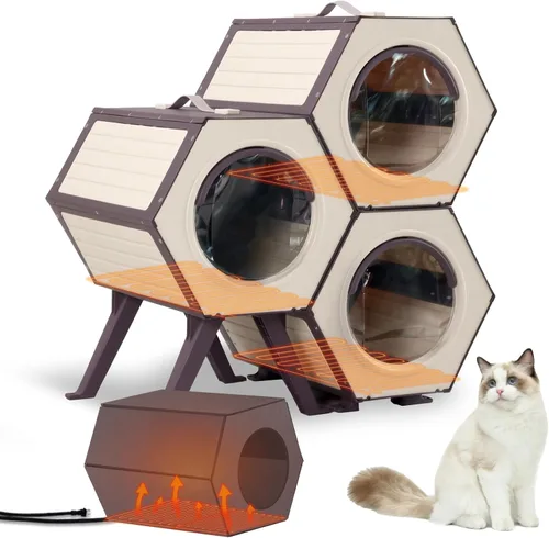 Miniatura 9 de GUTINNEEN Casa para gatos con calefacción expandible para múltiples gatos, aislada para invierno, cálido refugio para gatos con calentador ajustable