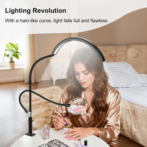 Miniatura 2 de Half Moon Desk Lash Light with 2X Magnifier, 2-in-1 Dual Arm Gooseneck Clamp Lamp for Eyelash Extension, Shadow-Free Esthetician Light, Adjustable