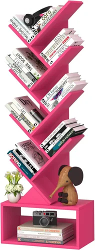 Miniatura 23 de SHEEPAM - Estantería pequeña con cajón, estantería de 4 niveles en forma de árbol en color negro, estantería de escritorio de madera, estanterías