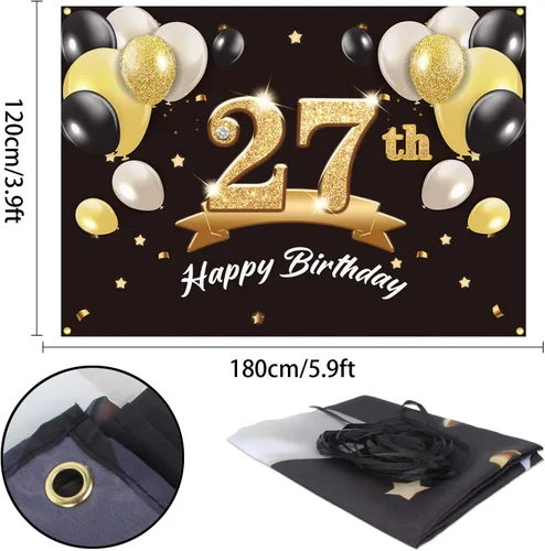 Miniatura 2 de Telón de fondo de pancarta de feliz cumpleaños 27 – Suministros de decoración de fiesta de cumpleaños 27 para hombres y él – Negro dorado 4 x 6 pies