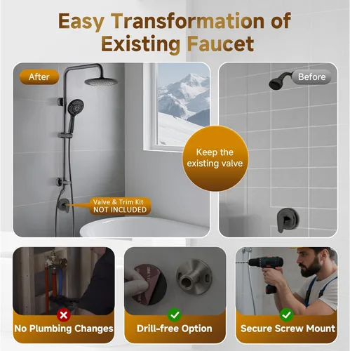 Miniatura 3 de BRIGHT SHOWERS Sistema de ducha, cabezal de ducha tipo lluvia de 9 pulgadas con ducha de mano de 5 funciones, combo de ducha doble con soporte