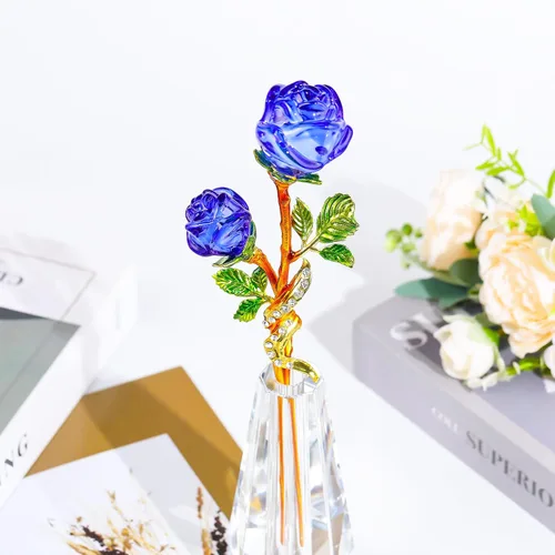 Miniatura 4 de YWHL Figura de flor de rosa azul hecha a mano con florero, ramo de flores de cristal, adorno de rosas para novia, hermana, mujer, flor de cristal