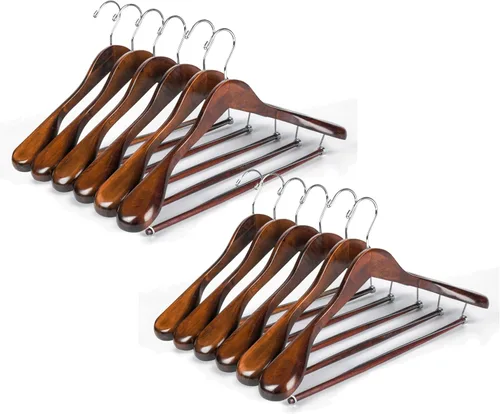 Miniatura 8 de Perchas de madera de lujo para hombros anchos, paquete de 6, con barra de bloqueo, acabado retro liso, percha de madera para traje y abrigo