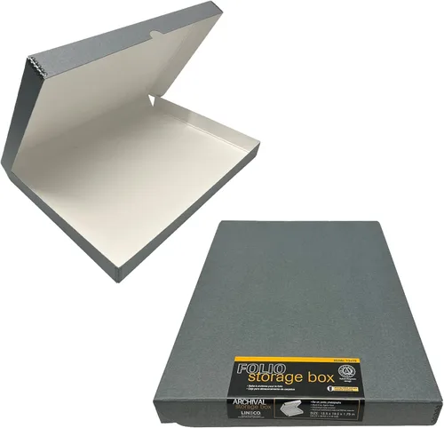 Miniatura 27 de Lineco 16x20 Caja de almacenamiento tipo folio negra con tapa, 1.75" de profundidad. Sin ácidos con borde de metal. Preserva la longevidad