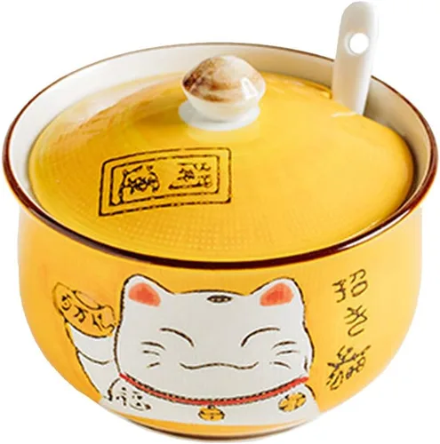 Miniatura 8 de Cerámica japonesa Maneki Neko Lucky Cat Azúcar Sal Pimienta Tarro de almacenamiento con tapa y cuchara Púrpura