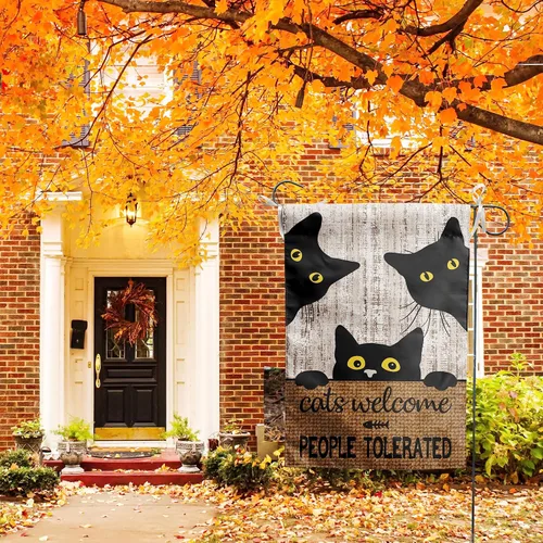 Miniatura 6 de Bandera de jardín de gato negro Bandera de gatos Bandera de bienvenida para personas toleradas Bandera de Halloween para exteriores de 12 x 18