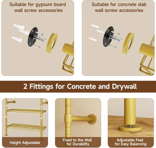 Miniatura 7 de ONBRILL H3 Sistema de Armario Montado en Pared, Perchero de Tubería Industrial Expandible Perchero de Ropa para Colgar Ropa, Organizadores de Dorado