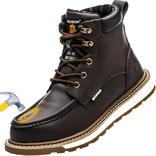 KELODON Botas de trabajo impermeables con punta de acero para hombre, botas de trabajo de cuero de 6 pulgadas para hombre, zapatos de punta de acero