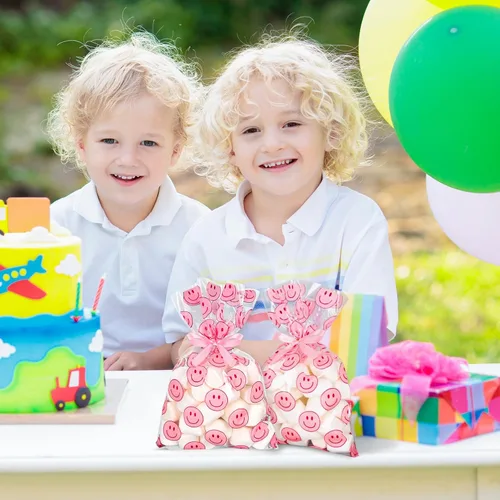 Miniatura 7 de Whaline 100 bolsas de celofán con patrón de sonrisa rosa con cintas, bolsas de golosinas para celofán con sonrisas, bolsas de golosinas