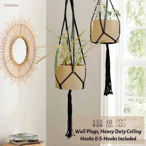 Miniatura 7 de Feedee Ganchos de macramé para plantas, paquete de 6, color negro, interior/exterior, algodón