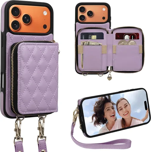 Miniatura 59 de Funda tipo cartera para iPhone 15 de 6.1 pulgadas, bolso cruzado con cremallera y correa para la muñeca con cordón para mujer, tarjetero con bloqueo