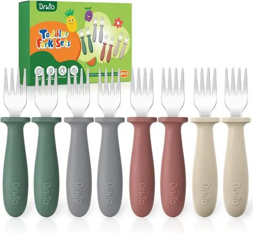 Miniatura 8 de DRKIO Juego de 8 Tenedores para Niños Pequeños - Tenedores para Bebé con Mango de Silicona, Seguros para Niños, Acero Inoxidable 18/8, Juego