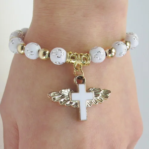 Miniatura 8 de WE Pulsera de cruz de ala de ángel (12 piezas) para niño y niña, recuerdo de bautizo, recuerdo de bautizo, evento de iglesia, Madera, No es una