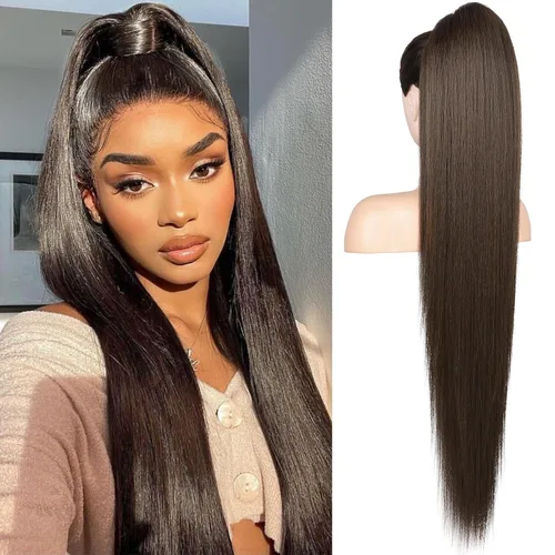 Miniatura 26 de Flufymooz - Extensión de cola de caballo de 26 pulgadas, extensiones de cabello con cordón y clip rectas, cola de caballo falsa natural suave