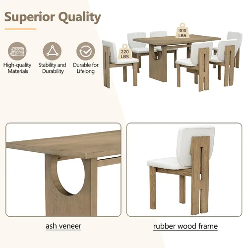Miniatura 5 de Merax Juego de mesa de comedor de madera para 6, mesa rectangular/sillas tapizadas/diseño geométrico retro, ideal para comedor y cocina, natural