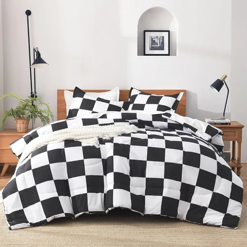 Andency Edredón a cuadros tamaño individual (66 x 90 pulgadas), juego de cama a cuadros negros y blancos para adolescentes y niños, ropa de cama de