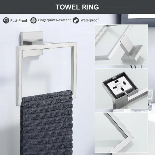 Miniatura 4 de TQKAG Juego de 6 piezas de toallero de baño en níquel cepillado de 23.6 pulgadas Barra de toalla de acero inoxidable Anillo de toalla Gancho