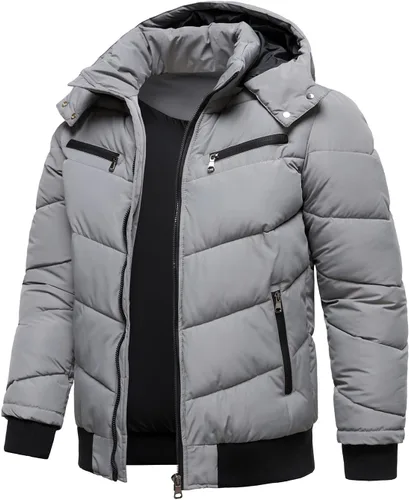 Miniatura 3 de HOOD CREW Abrigos de invierno para hombre, parka acolchada y a prueba de viento, chaquetas de plumón cálidas con capucha extraíble Gris