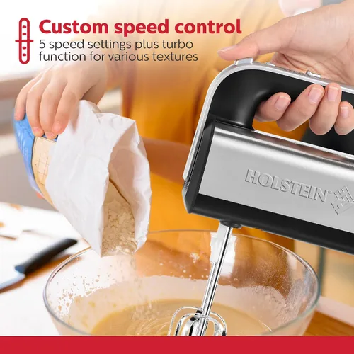 Miniatura 5 de Holstein Housewares - Batidora de mano y soporte de 5 velocidades, 250W de potencia con luz LED, en negro y acero inoxidable – Mezclador versátil